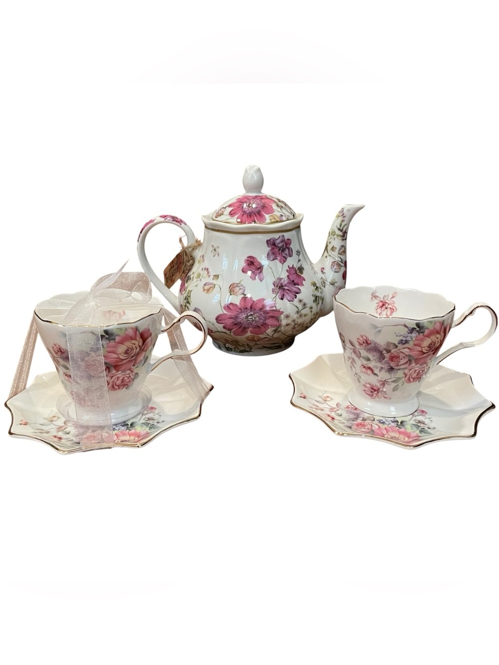 Kent Pottery Floral Tea Set Teapot Cups Saucers Pink Roses Gold Trim 5 Piece